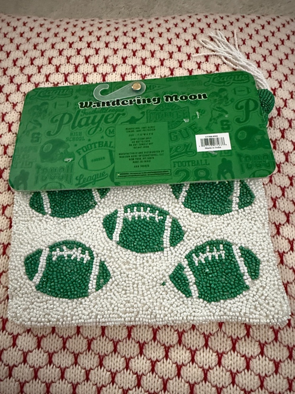 Wandering Moon India Handmade White Beaded Mini Pouch with Green Football Design - Picture 4 of 5
